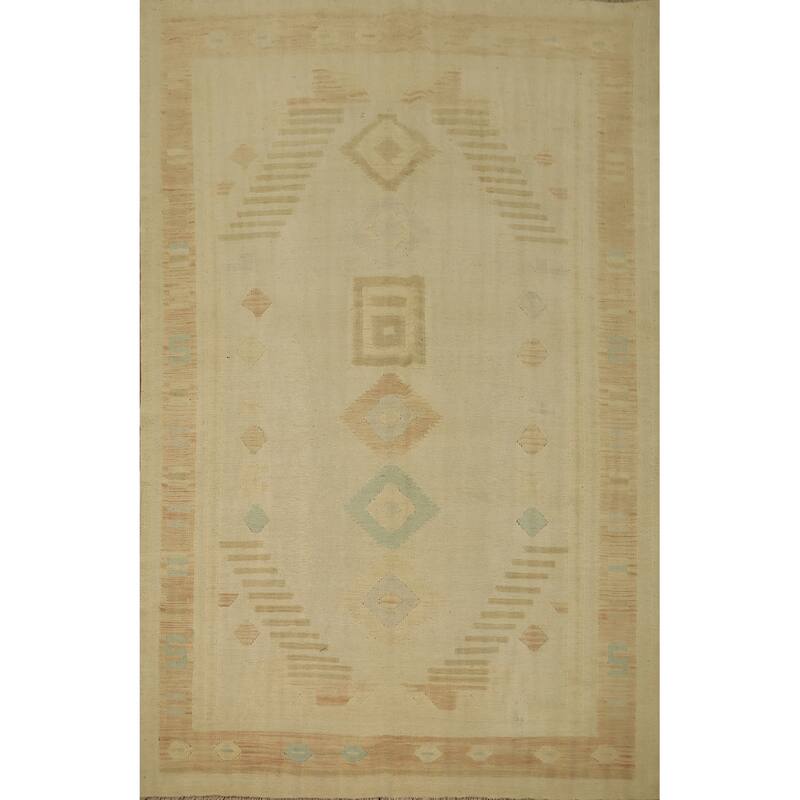 Hand Woven Oriental 100% Wool Carpet Southwestern Tribal Beige & Ivories Kilim Area Rug - 8' 5'' X 5' 11''