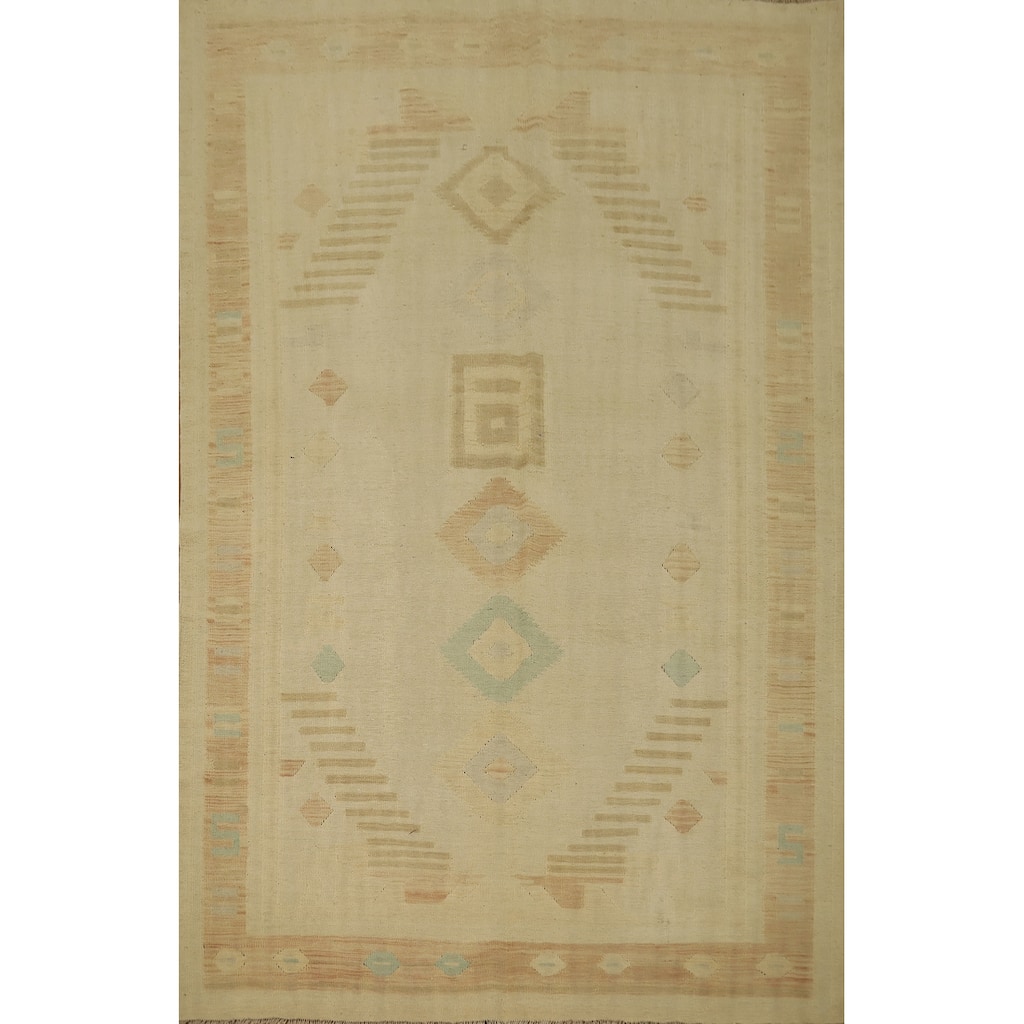 Hand Woven Oriental 100% Wool Carpet Southwestern Tribal Beige & Ivories Kilim Area Rug - 8' 5'' X 5' 11''