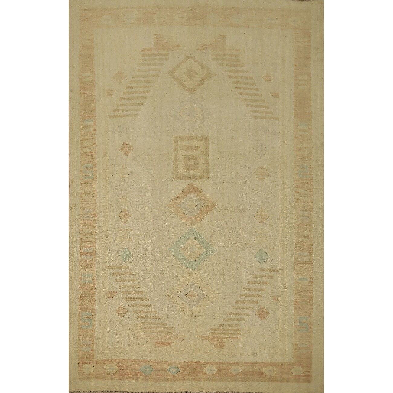Hand Woven Oriental 100% Wool Carpet Southwestern Tribal Beige & Ivories Kilim Area Rug - 8' 5'' X 5' 11''