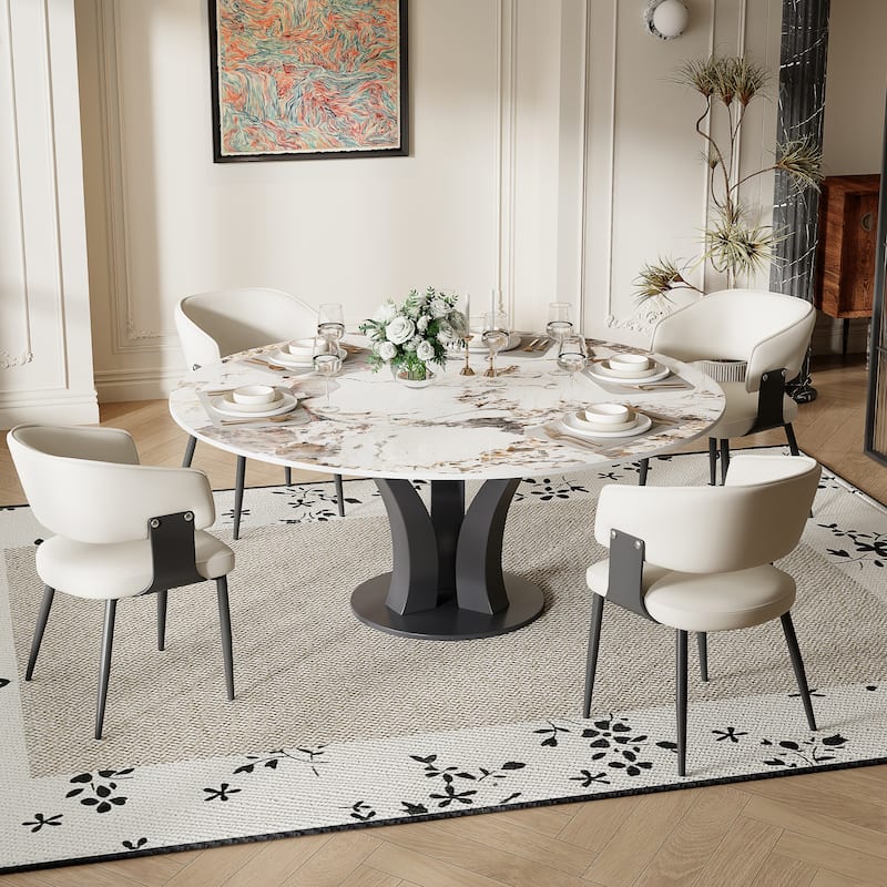 59" Round Sintered Stone Dining Table for 6-8, Glossy Pandora Table top