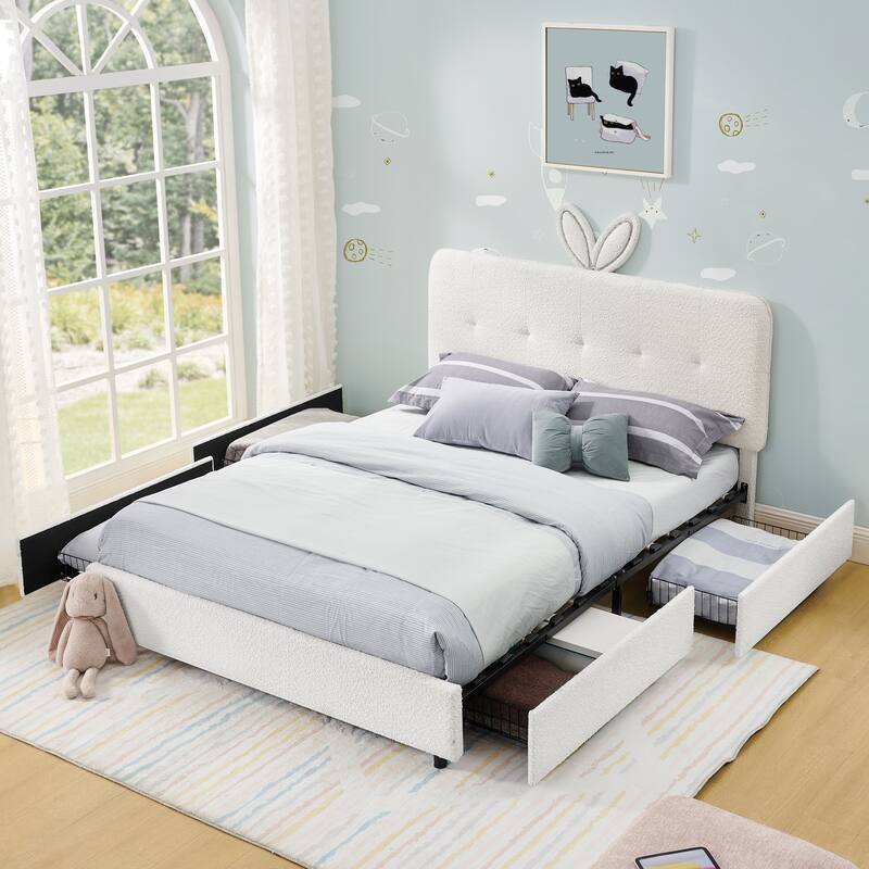 Kids Boucle Upholstered Bed with Rabbit Ear Headboard, LED Music Sync & 4 Drawers