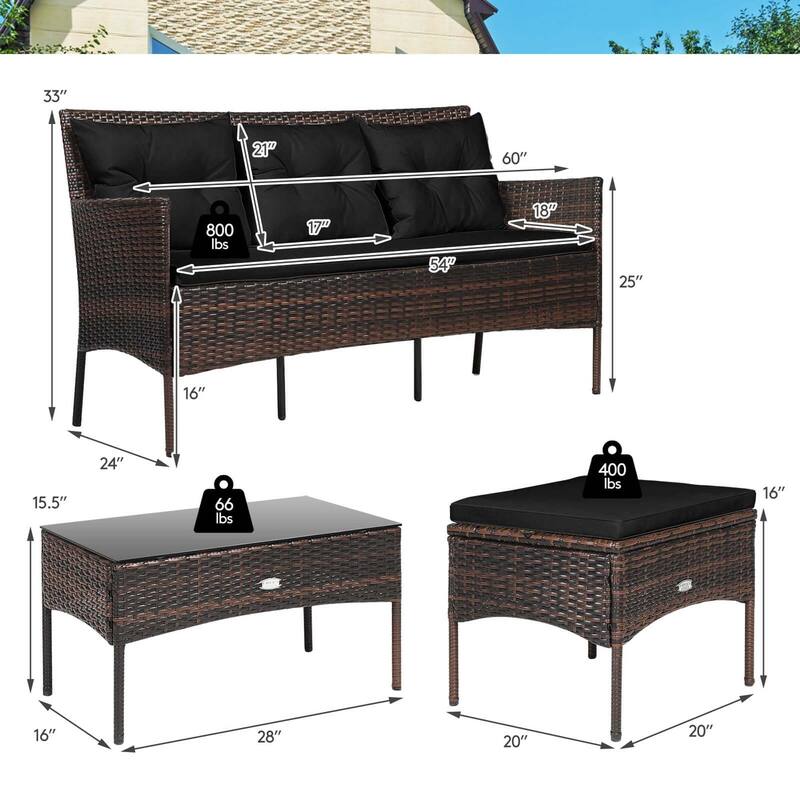 3 PCS Patio Rattan Sofa Set Outdoor Conversation Set w/ Cushions