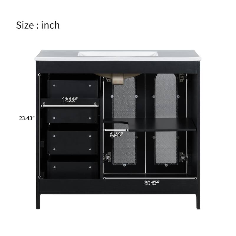 Bathroom Vanity with Ceramic Sink, Bathroom Cabinet with 2 Glass Door and 3 Drawers, Vanity Set with Adjustable Shelf