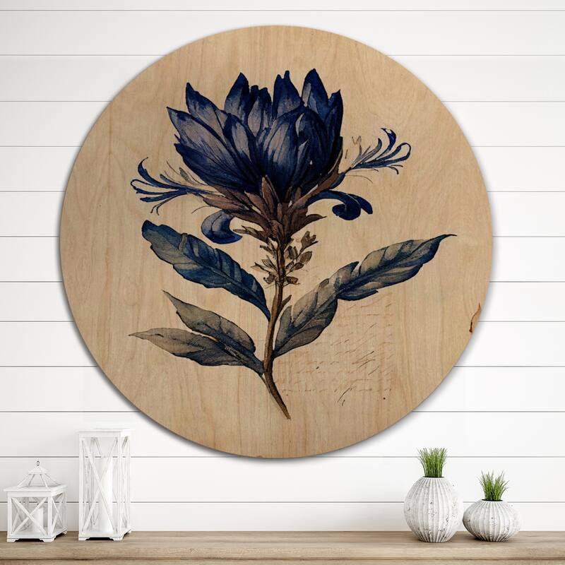 Designart "Blossoming Blue Retro Flower III" Floral Wood Wall Art - Natural Pine Wood