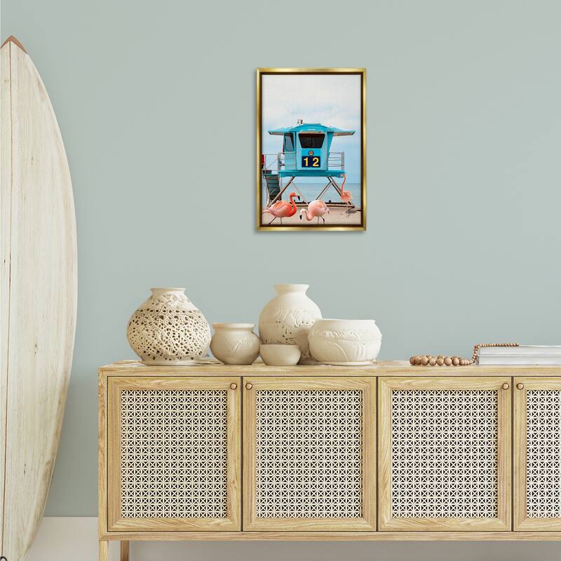 Stupell Beach Shore with Flamingoes Framed Floater Canvas Wall Art Design By Ashley Singleton