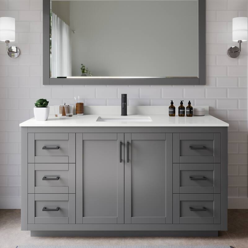 Wyndham Collection WCF292960S-QTZ-UNSMXX Miranda 60" Free Standing - Dark Gray / White Quartz Top / Matte Black