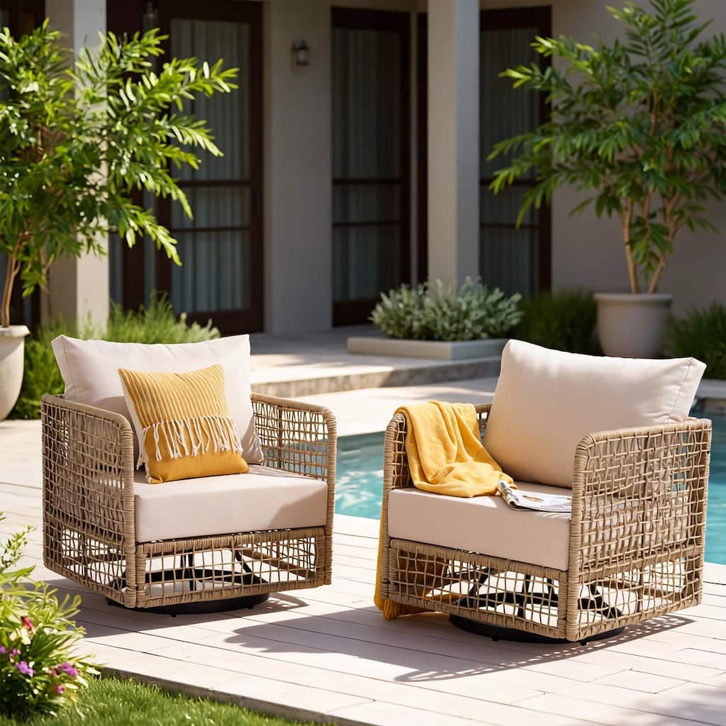 Outdoor PE Wicker 360 Swivel Patio Chairs with Thick Cushions, Weather Resistant Metal Frame for Patio, Balcony, Poolside