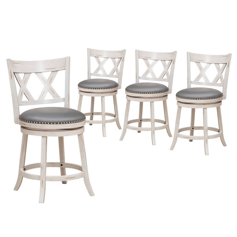 Gymax 25.5'' Swivel Bar Stools Set of 4 Solid Wood Stools w/ X-shaped - Counter Height - Antique White+Grey - Set of 4
