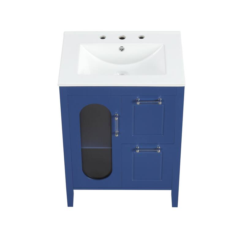 Freestanding Vanity for Bathroom with Ceramic Sink, Glass Cabinet Door, Drawers, Acrylic Bar Handles and Adjustable Shelf