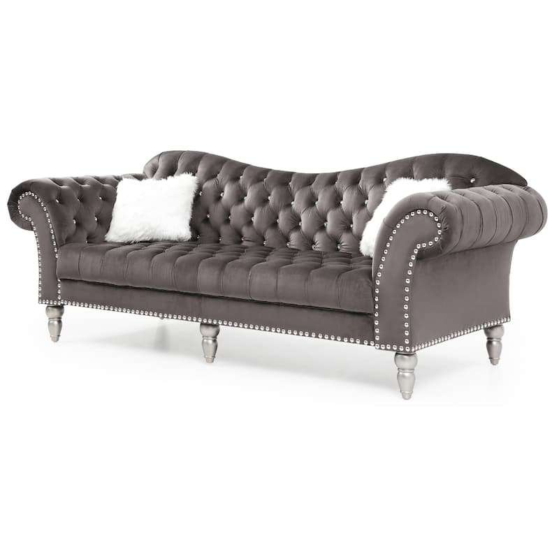 Tufted Velvet 2-Seater Sofa with Throw Pillows - 98" - Dark Gray