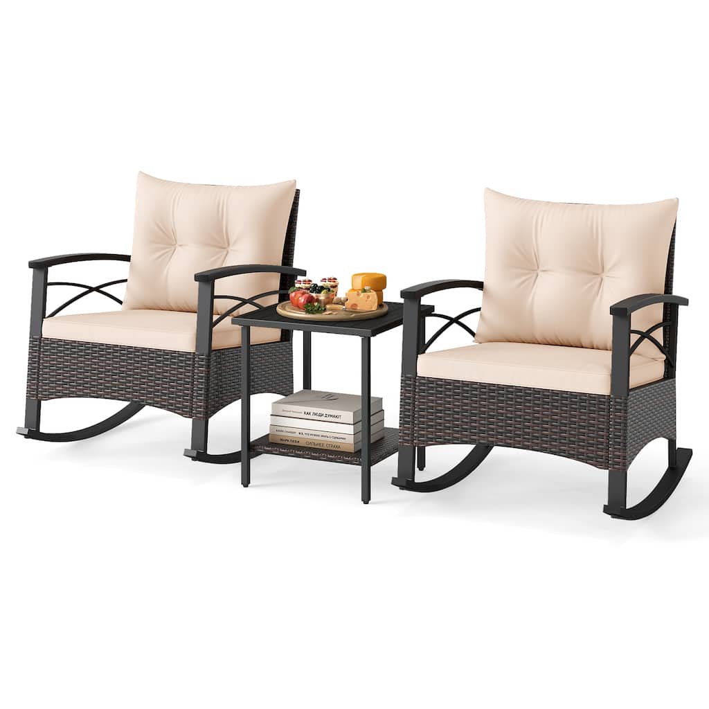 Gymax 3PCS Rattan Rocking Chair Set w/Acacia Wood Tabletop Armrests