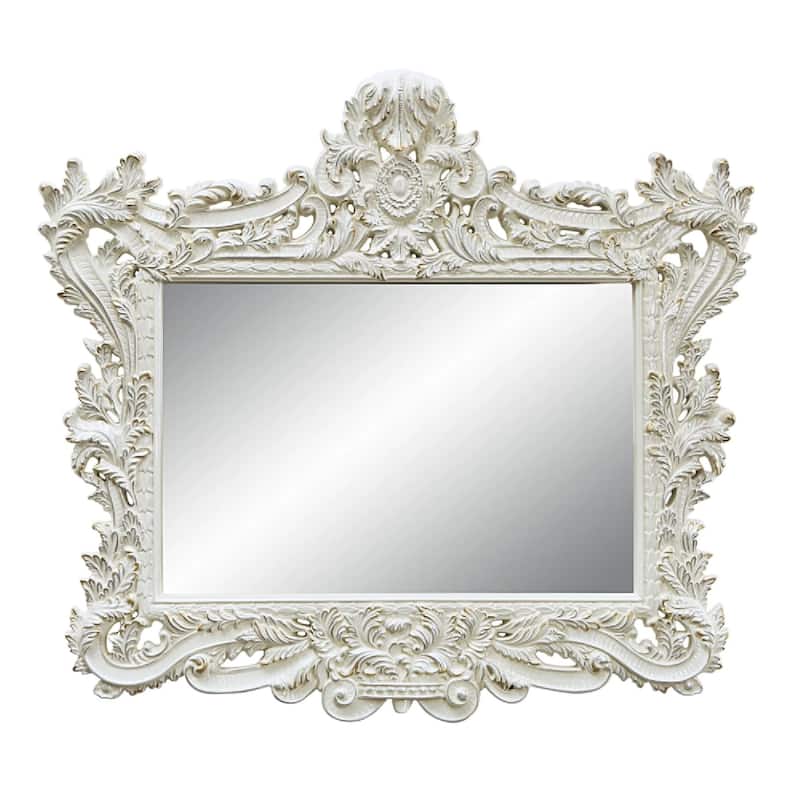 Rox 62 Inch Classic Ornate Carved Mirror, Crowned Top Frame, Wood, White