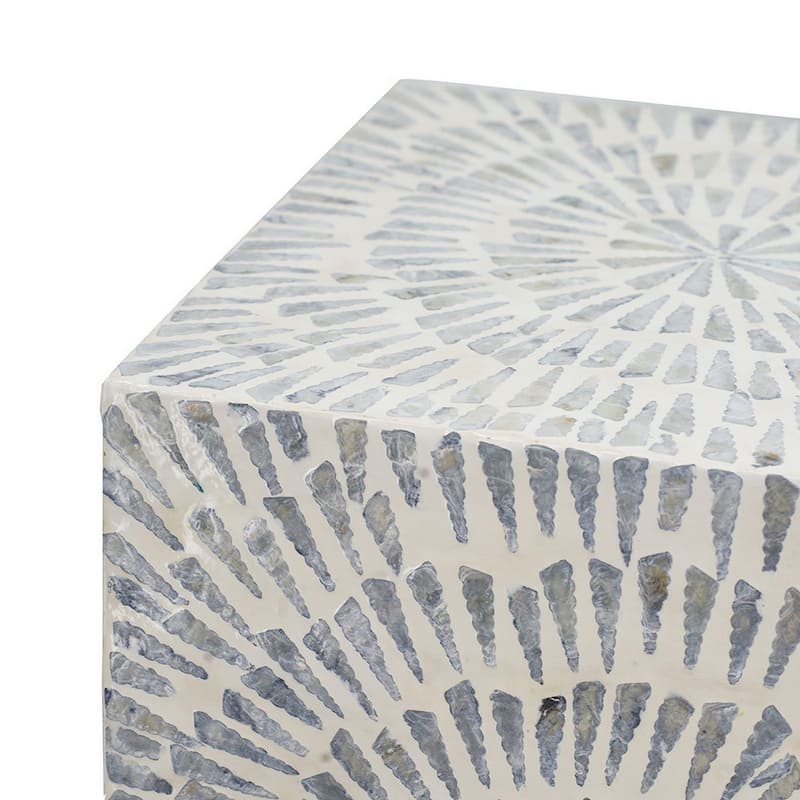 18 Inch Modern Capiz Accent Table Stool, Square, Gray Starburst Pattern