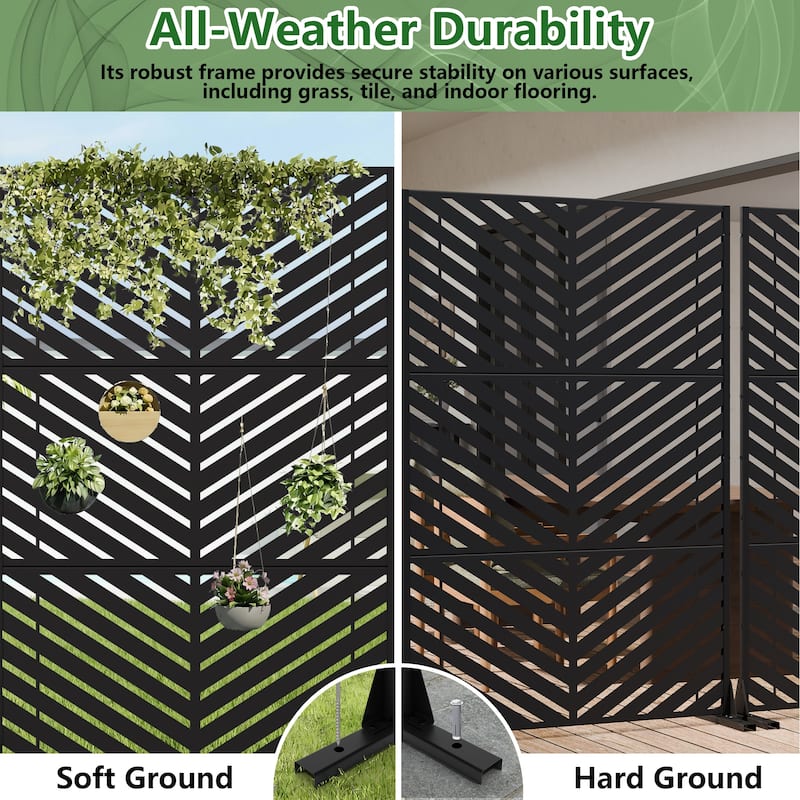 Outdoor Privacy Screen 2-Panel Chevron Metal Privacy Fence with Wind-Resistant Base Durable Decorative Divider