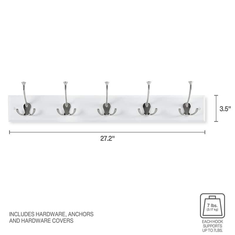 Melannco Wall Mounted Coat Rack with 5 Metal Hooks, 27X5 Inch, White