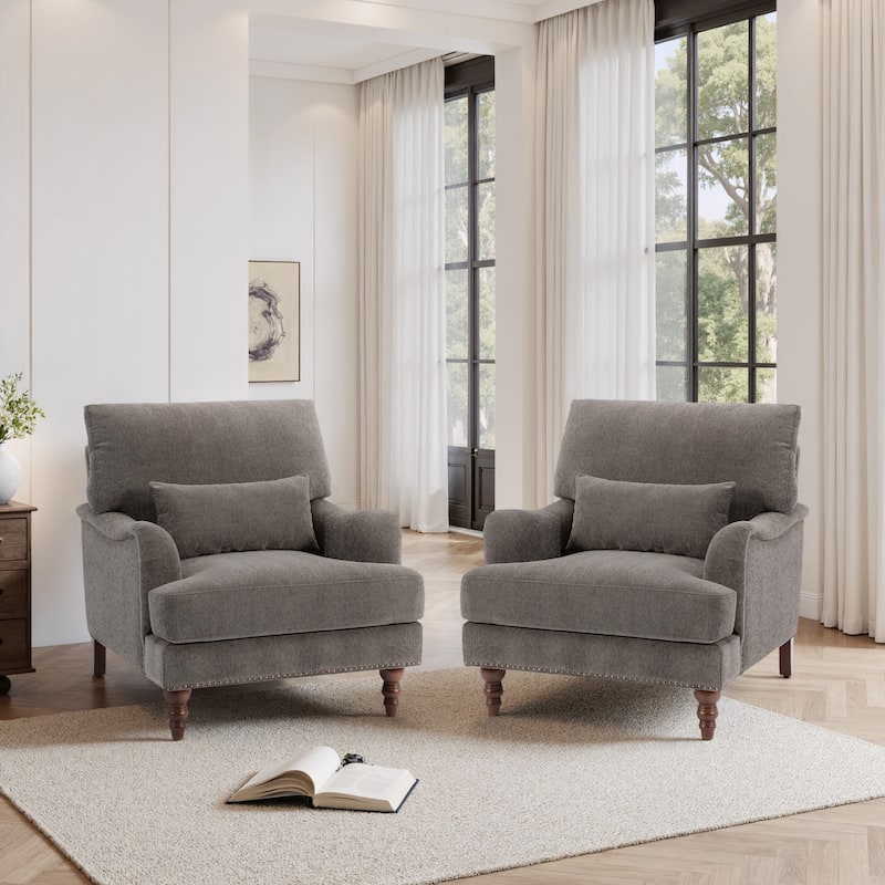 Set of 2 Mid Century Chenille Upholstered Accent Chairs - Chenille - Tan