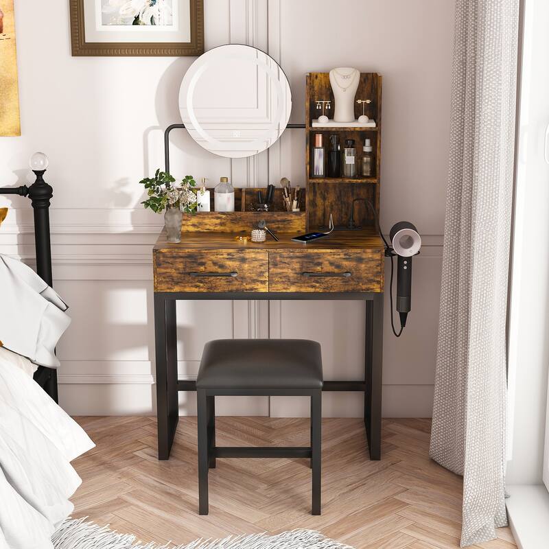 LED Makeup Vanity with Power Outlet - 3-Color Lights, 2 Large Drawers & Metal Chair, Dressing Table for Bedroom - Brown