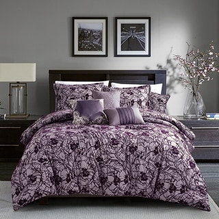 Wellco Bedding Comforter Set 7 Piece All Season Flower Pattern Purple ...