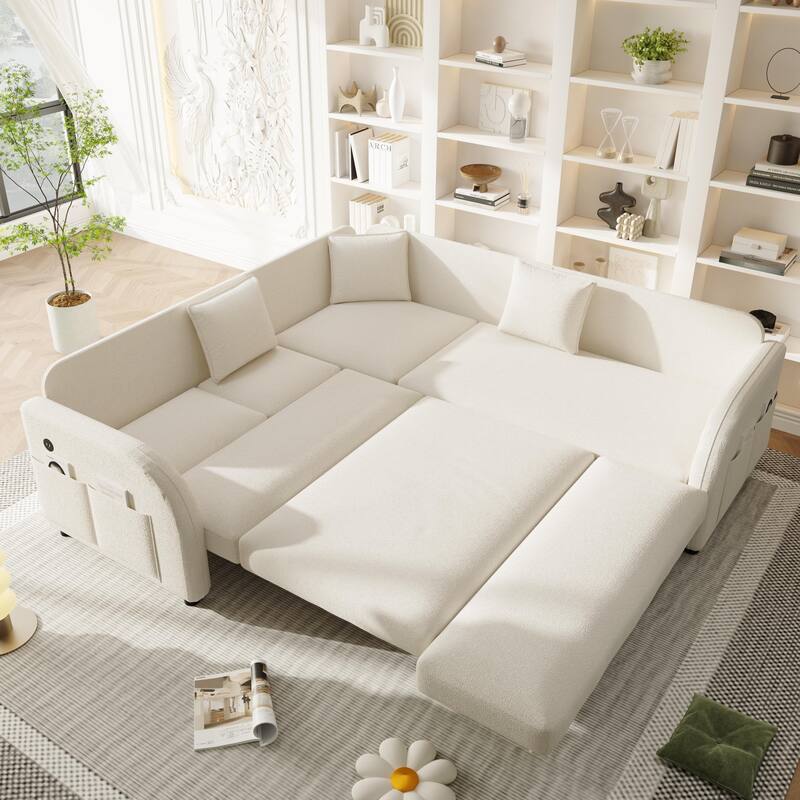 Sectional Sleeper Sofa with Pull Out Bed, Convertible Teddy Fabric Couch with Side Pockets & USB Ports, L Shaped Modular Couches