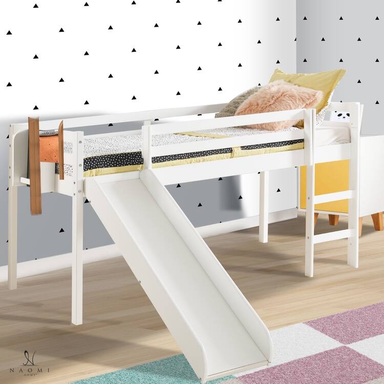 Twin Size Kids Loft Bed with Slide - Solid Wood Loft Bed with Ladder, Chalkboard & Space-Saving Design for Toddlers - White