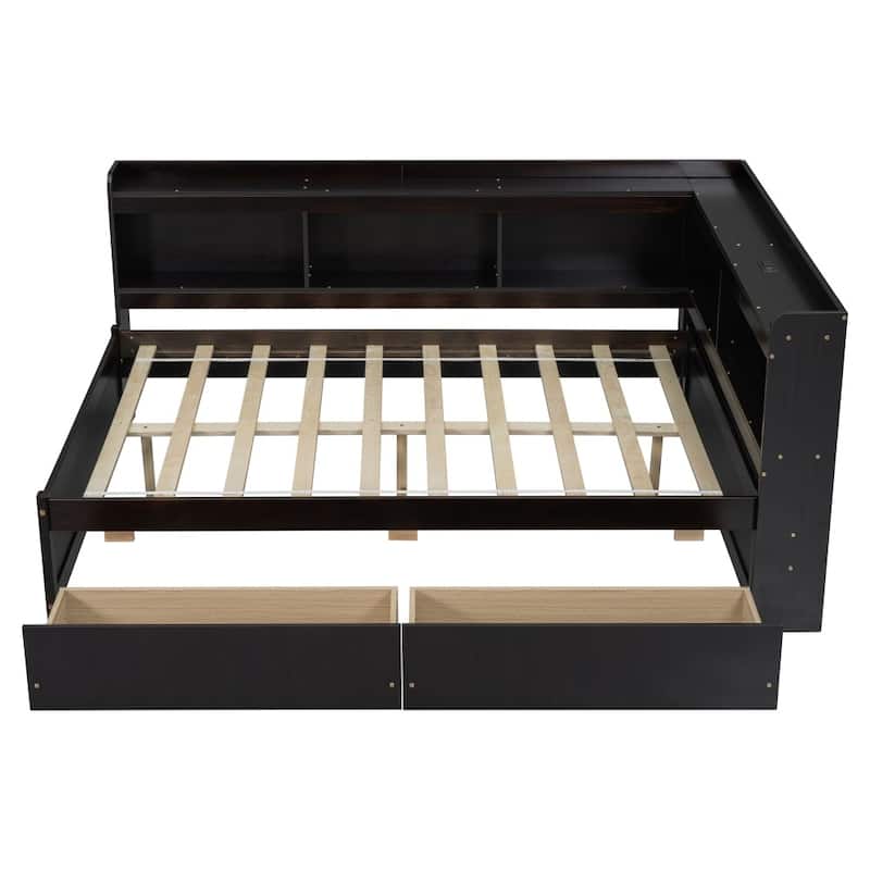 Full Size L-shaped Bookcases Bed with Power Outlets, USB Charging Ports and Two Drawers