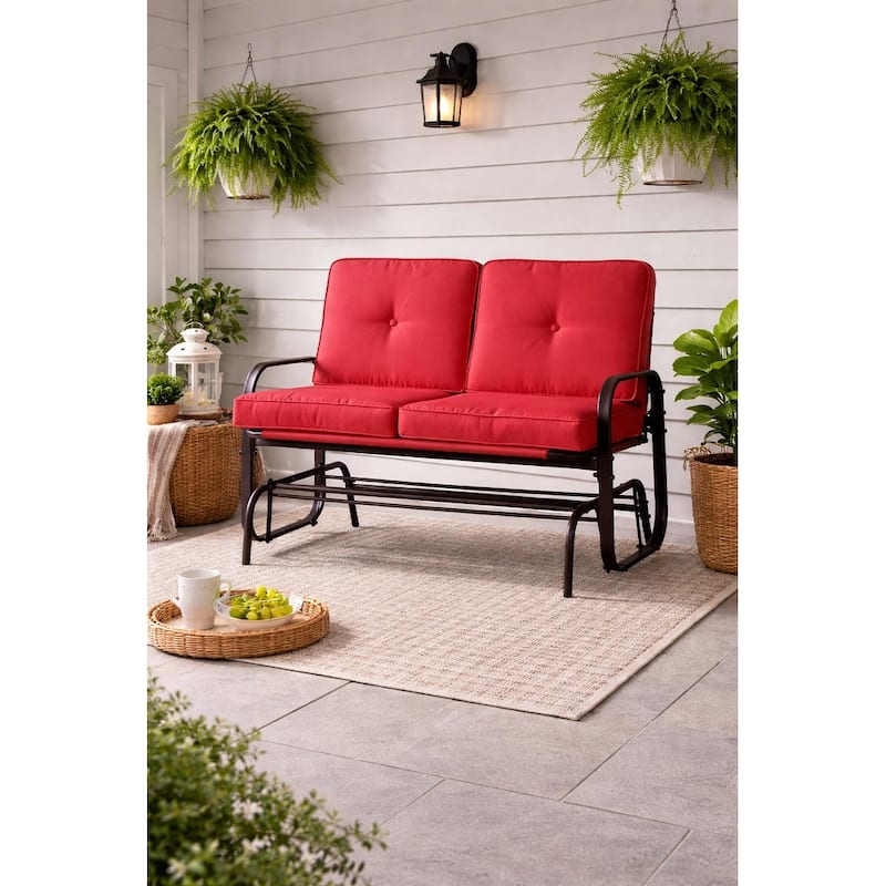 Winston 2-Person Brown Steel Outdoor Loveseat Glider with Polyester Red Cushion - N/A