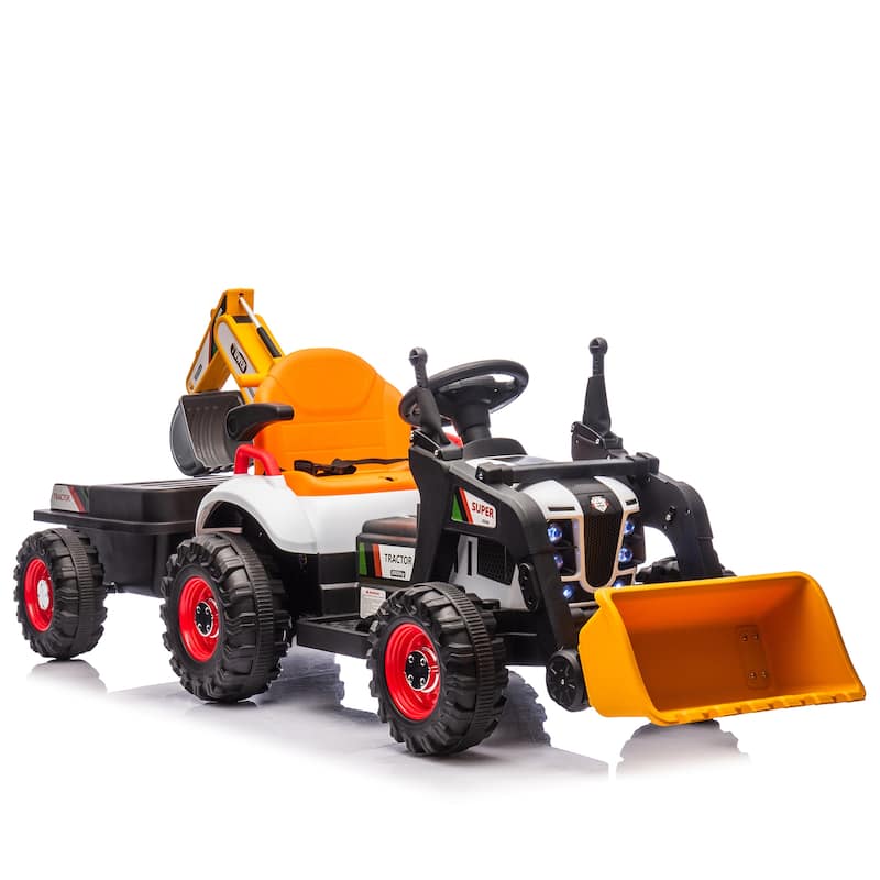 24V Kids Electric Ride-On Tractor for Ages 3+, 4-in-1 Attachments with Remote Control & Music - Orange