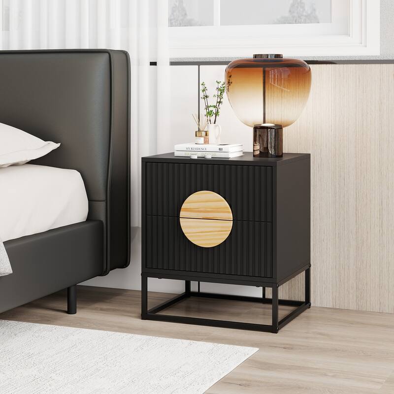 Modern Wooden Fluted Nightstand with 2 Storage Drawers and Metal Base for Bedroom - Black