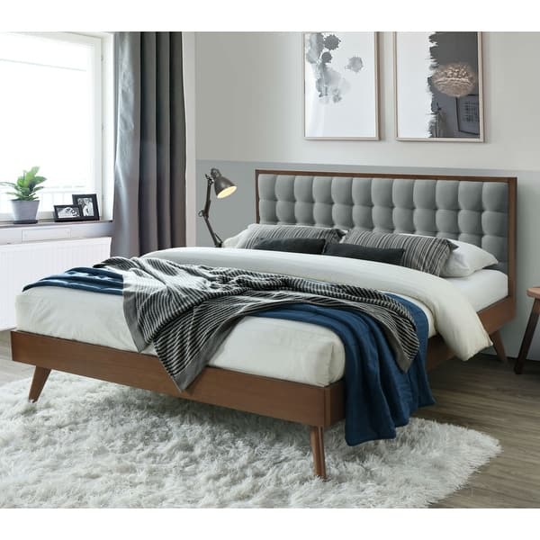 slide 2 of 30, Hughes Mid-century Modern Upholstered Platform Bed with Wood Frame