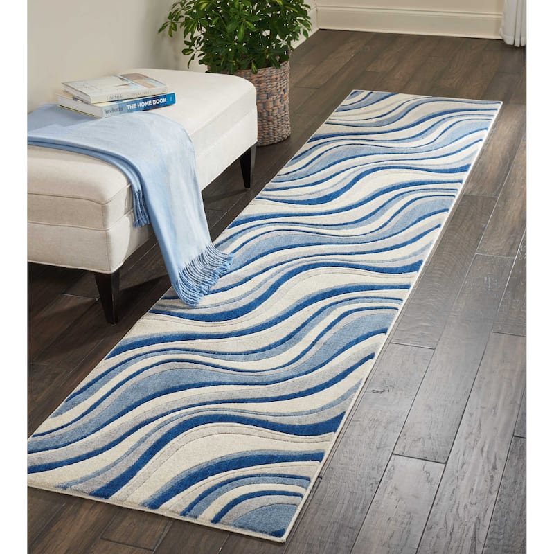 Nourison Somerset Modern Transitional Wave Area Rug - 2'3" x 10' Runner - Ivory/Blue - Runner/Rectangle