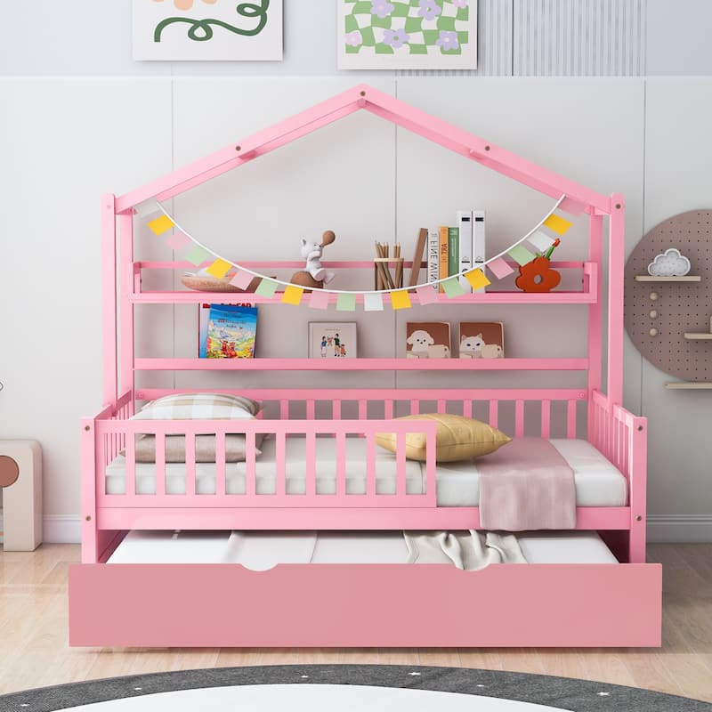 Wooden House Bed with Twin Trundle and Shelf, Full-Length Guardrail