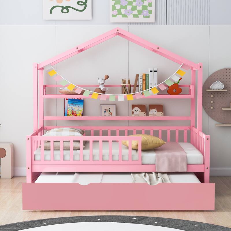 Cute Wooden Twin or Full House Bed with Trundle, Kids Bed Wood Platform Bed Frame with Safety Guardrail & Storage Shelf - Pink - Twin