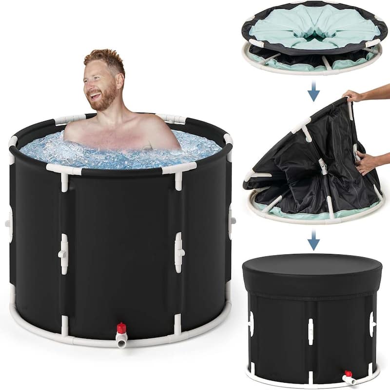 Ice Bath Tub Foldable Ice Plunge Tub w/ Drainage Pipes & Valve - Black+White