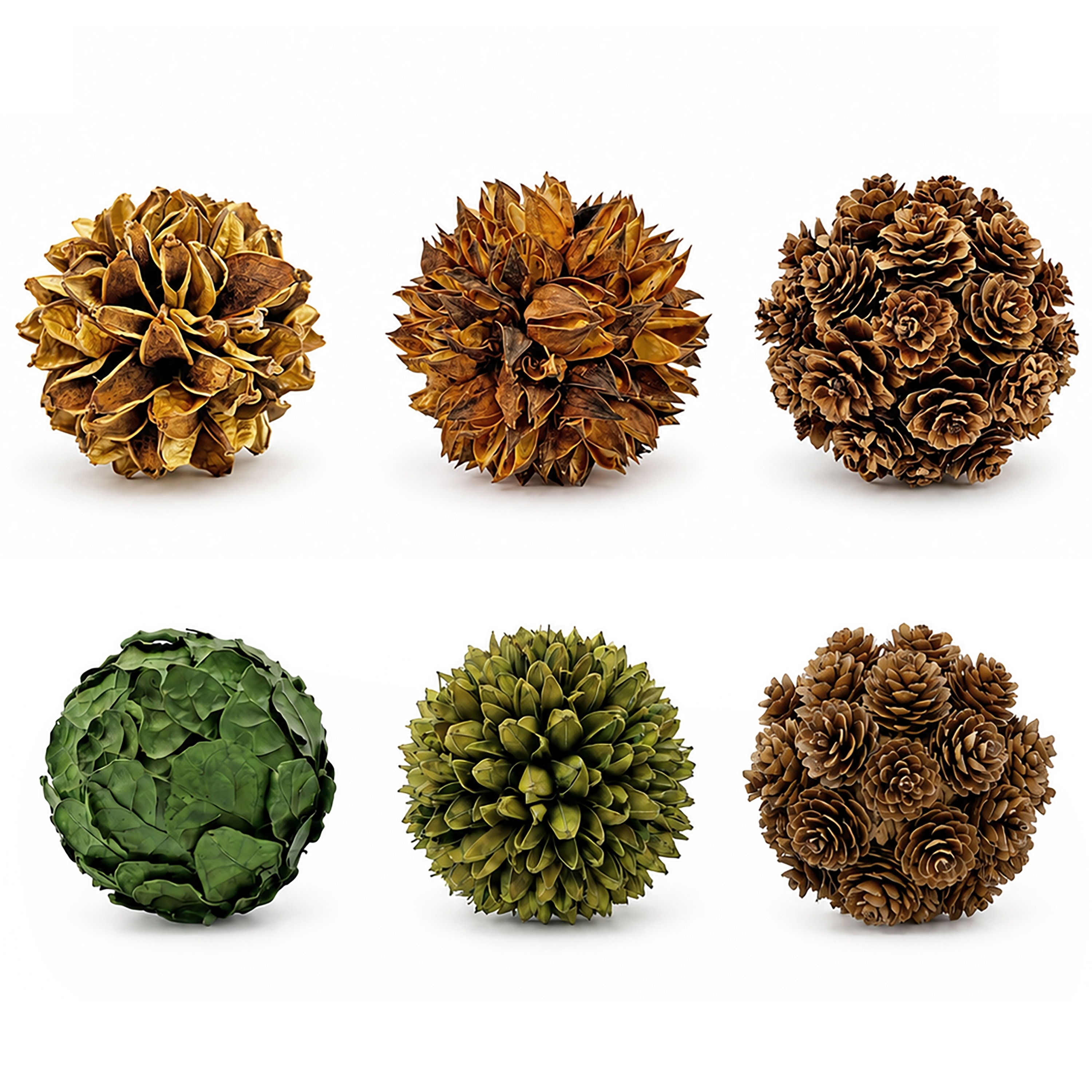 Handmade Preserved Topiary Balls, Decorative Botanical Bowl Filler in Brown & Green, Set of 6