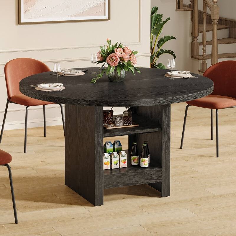 Black Round Dining Table, 47'' Modern Kitchen Table with Storage Shelf