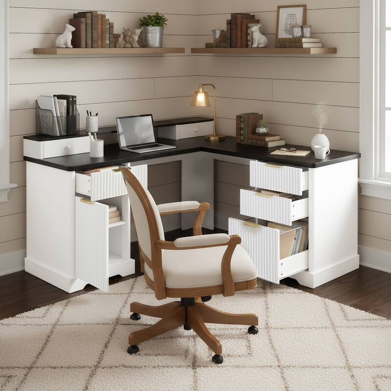 59" Modern Fluted L-Shaped Desk with Charging Station & Storage Cabinet Home Office Computer Desk with Monitor Stand