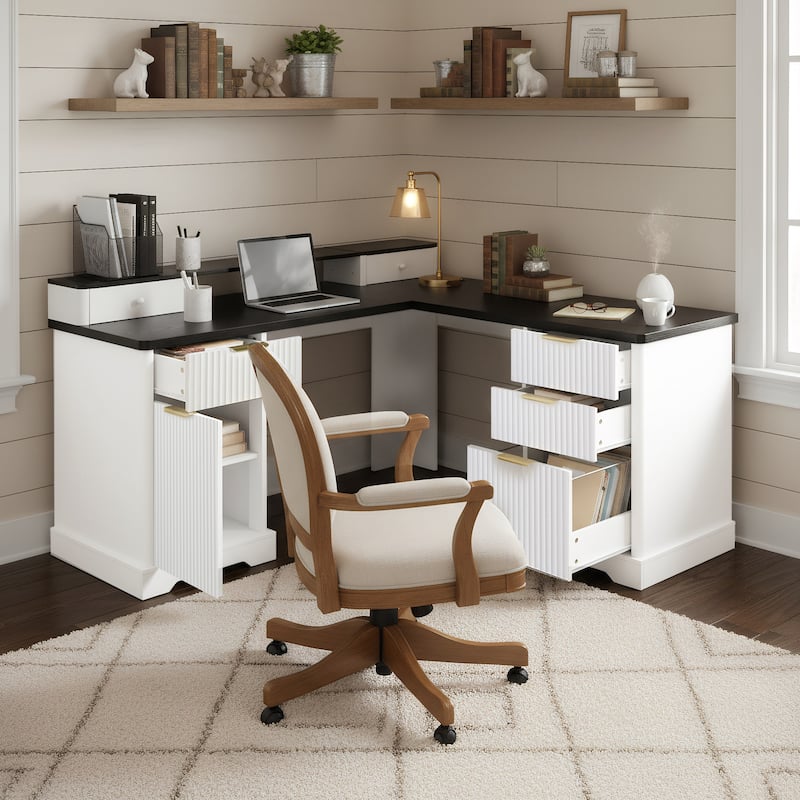 Executive L Shaped Desk Home Office Desk with Charging Station, Corner Computer Desk with Monitor Stand, Drawer, Storage Cabinet