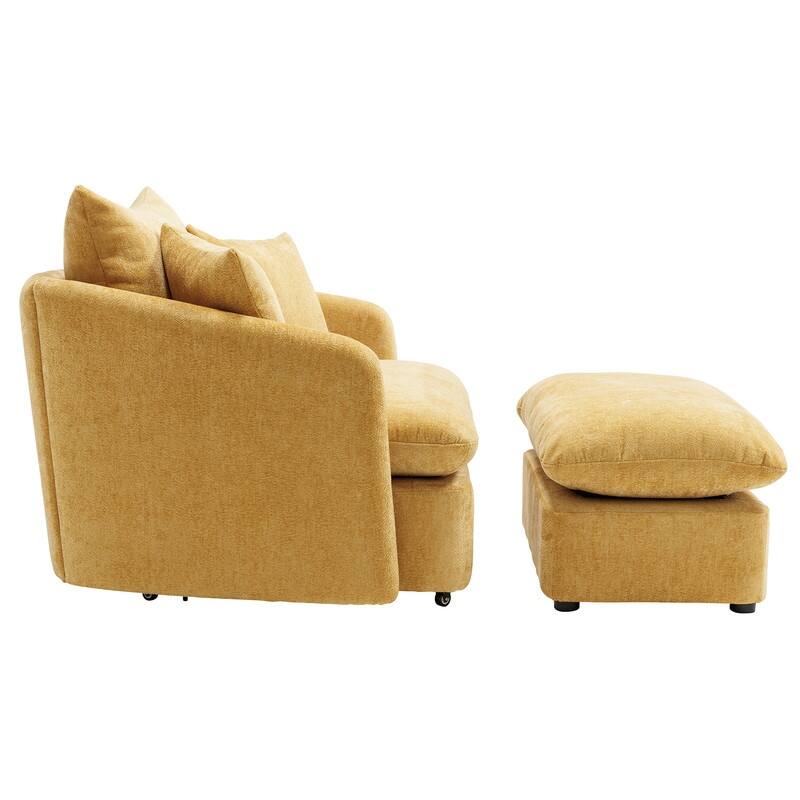 46" Chenille Upholstered Oversized Swivel Armchair With Ottoman