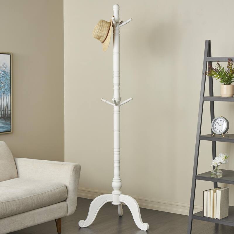 Wood 7 or 8 Hanger Coat Rack with Scrolled Feet and Leaf Carvings - Black or White - Roche River Decor
