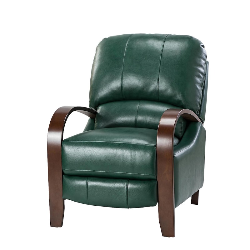 Alex Mid-century Modern Genuine Leather Manual Recliner with Wooden Curved Arms