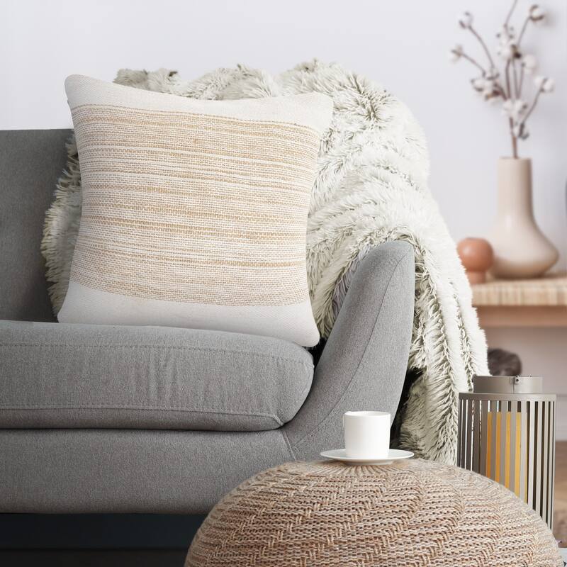Sevita Ivory and Jute Striped and Bordered Throw Pillow