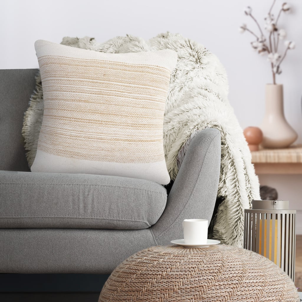 Sevita Ivory and Jute Striped and Bordered Throw Pillow