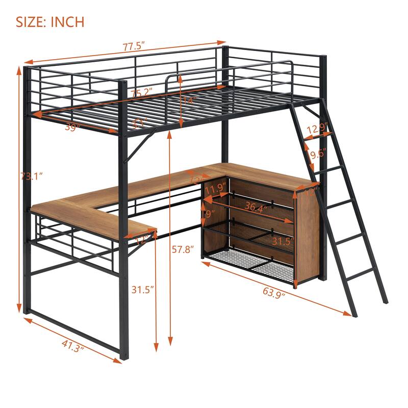 Metal Loft Bed with 3 Layers of Shelves and L-shaped Desk