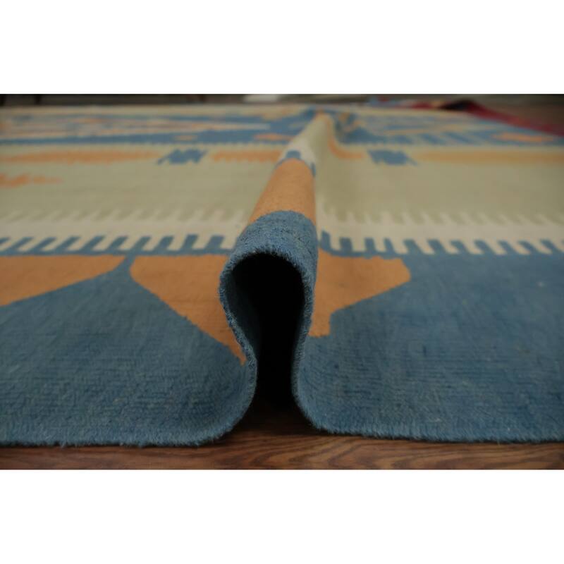 Hand Woven Oriental 100% Wool Carpet Southwestern Tribal Navy Blue & Blues Kilim Area Rug - 15' 3'' X 11' 9''
