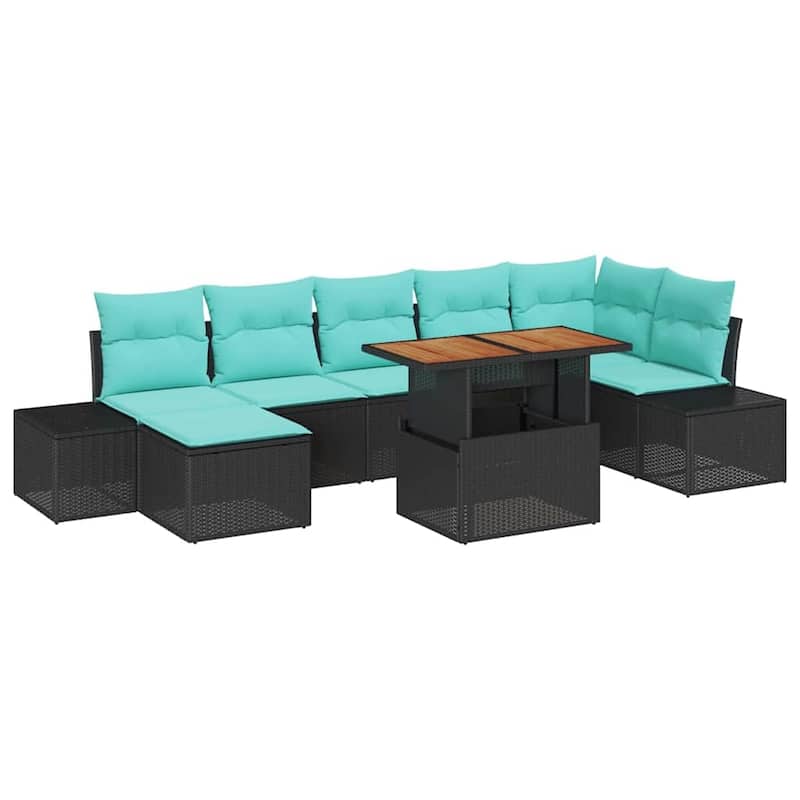 vidaXL 8 Piece Garden Sofa Set with Cushions Black Poly Rattan - 125.6×60.6×27.2