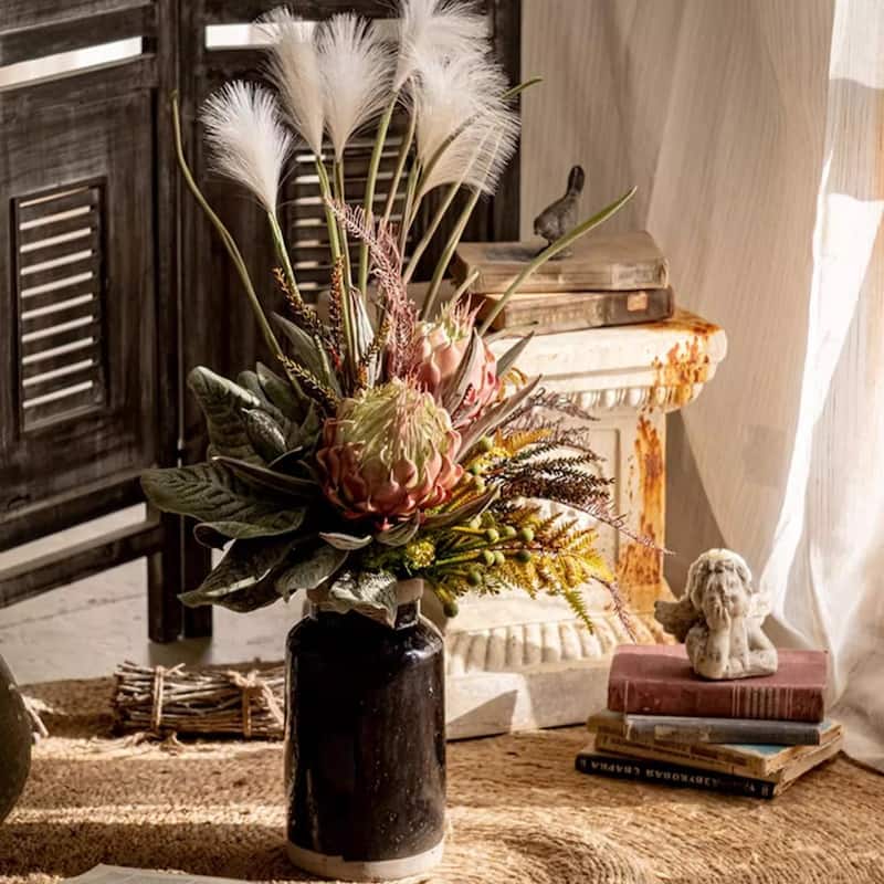 RusticReach Morning Mist Faux Flower Bouquet with King Protea and Reed Flowers - Multi