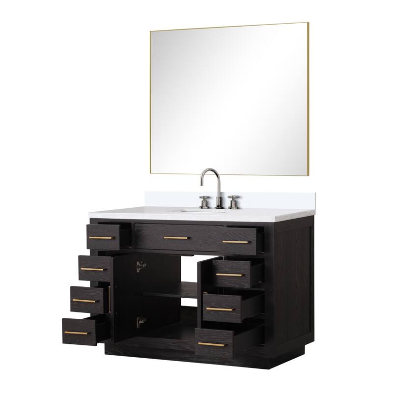 Abbey 48 in W x 22 in D Black Oak Single Bath Vanity, Cultured Marble Top, Faucet Set, and 46 in Mirror