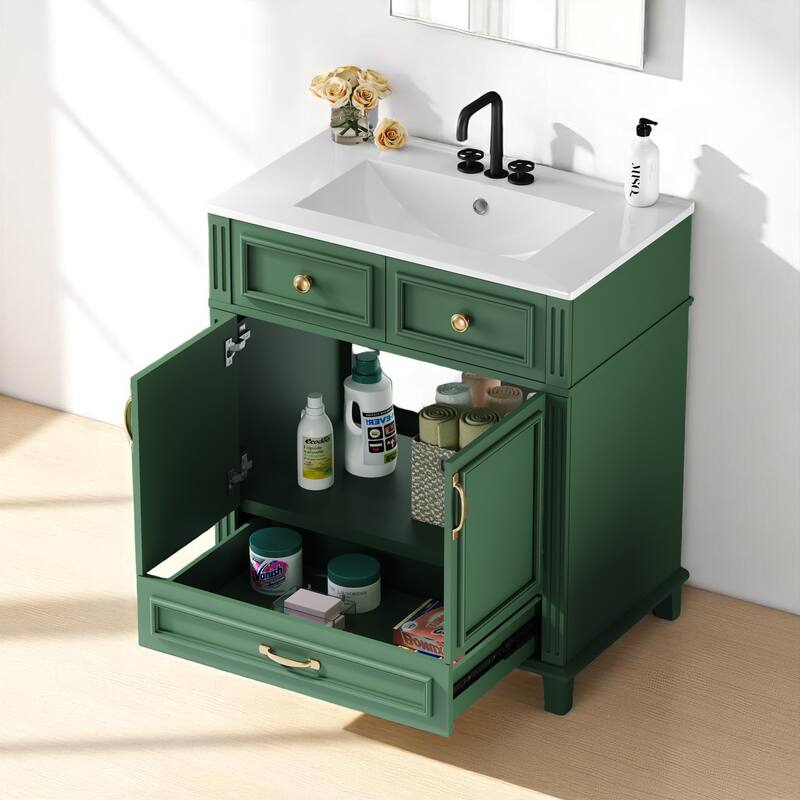 30"Bathroom Vanity with Sink - Solid Wood Frame, Ceramic Basin, Soft-Close Doors,Modern Retro Style with Drawer Storage Cabinet