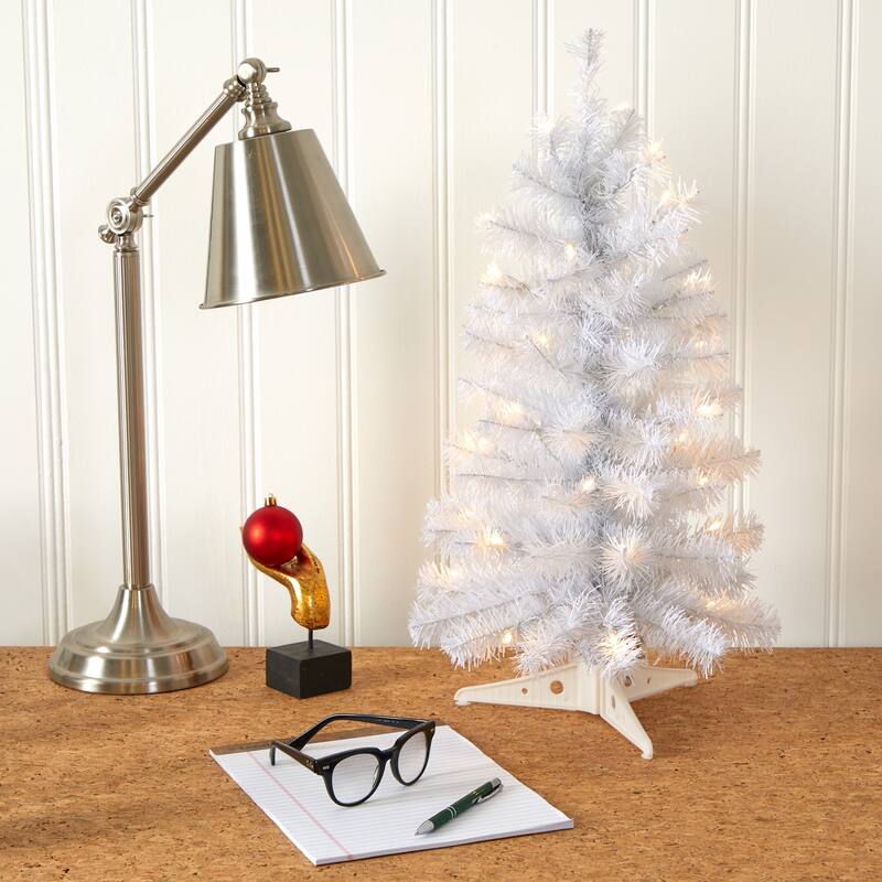 Pre-Lit Medium White Artificial Christmas Tree -2' - Clear LED Lights - 2 Foot