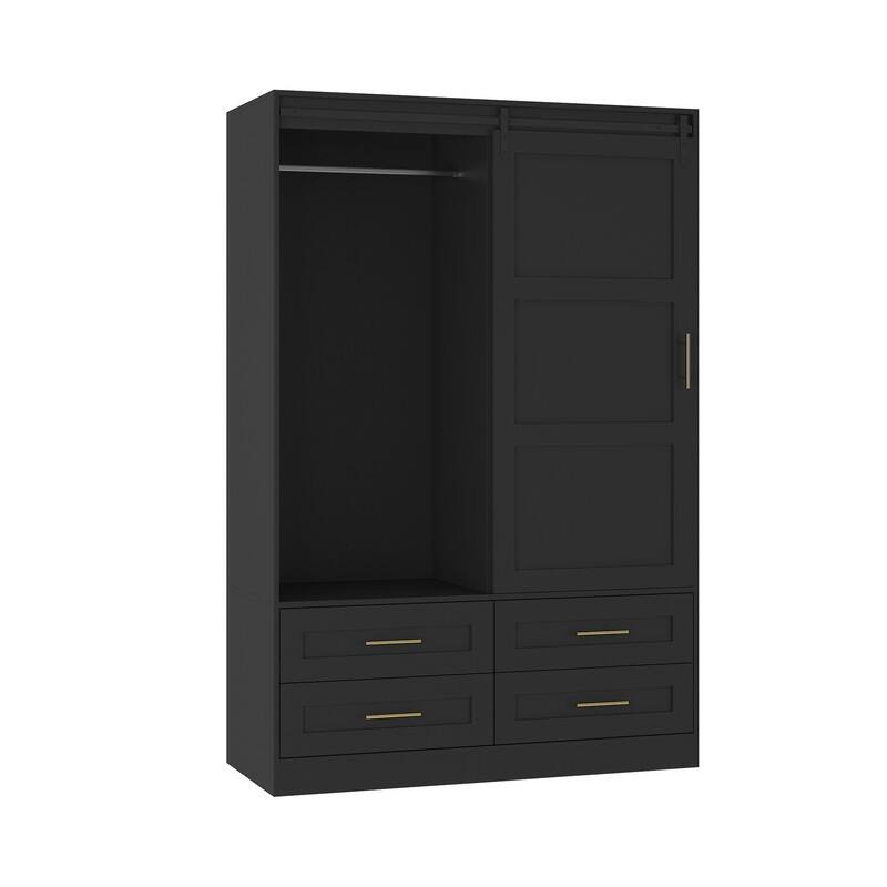 Tall Bedroom Armoire Wardrobe Closet Clothing Storage Cabinet with Hanging Rod Barn Door Drawers Open Shelves